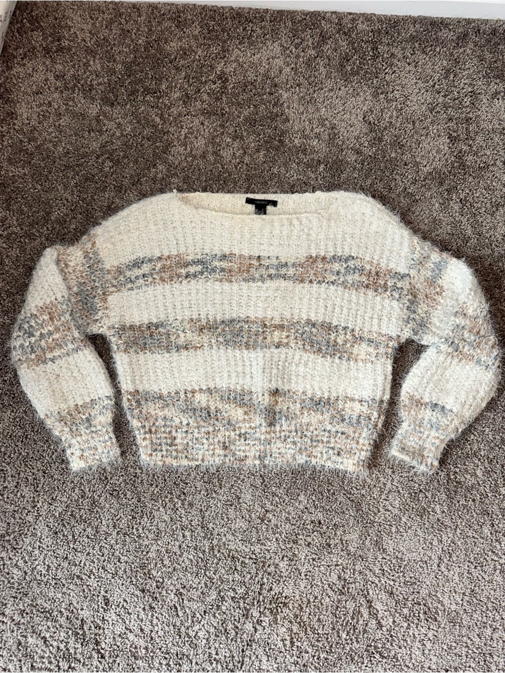 Small Forever 21 Cream Textured Crewneck Sweater with Beige and Gray Stripes